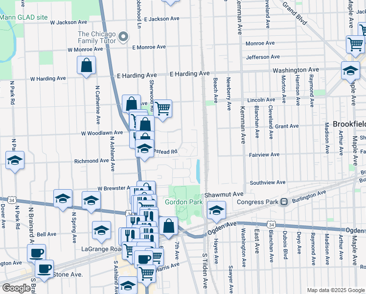map of restaurants, bars, coffee shops, grocery stores, and more near 442 Homestead Road in La Grange Park