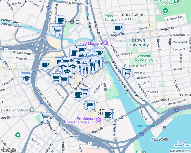 map of restaurants, bars, coffee shops, grocery stores, and more near 128 Dorrance Street in Providence