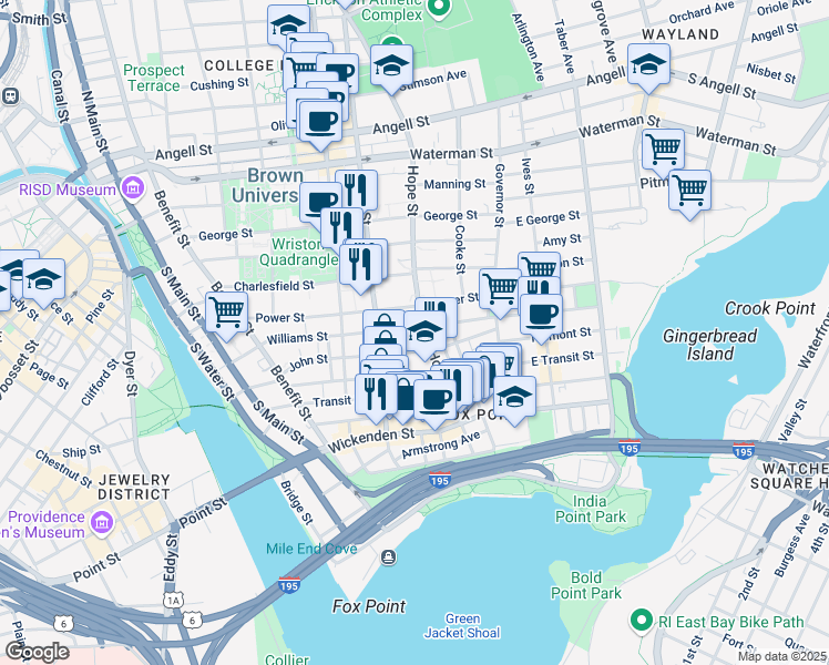 map of restaurants, bars, coffee shops, grocery stores, and more near 185 Williams Street in Providence