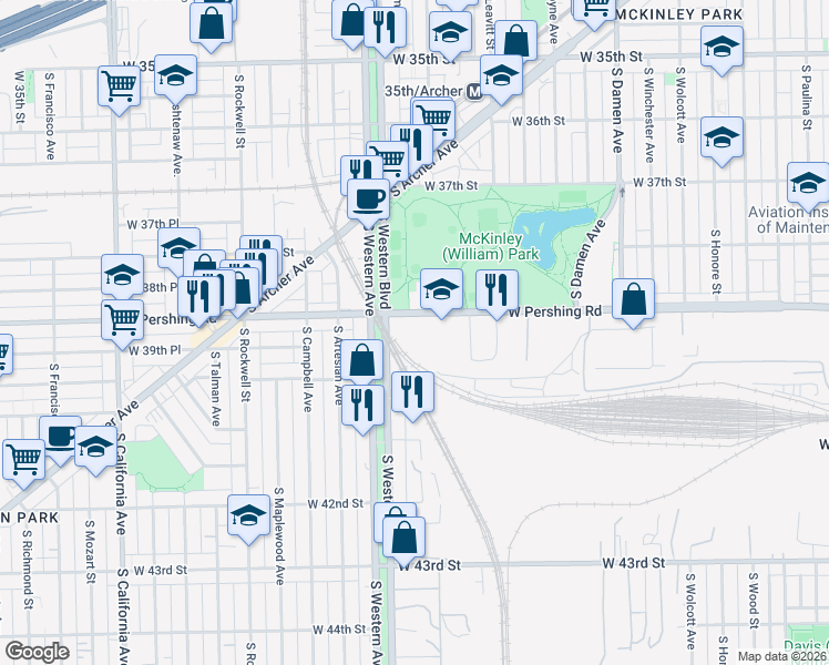 map of restaurants, bars, coffee shops, grocery stores, and more near 2323 West Pershing Road in Chicago