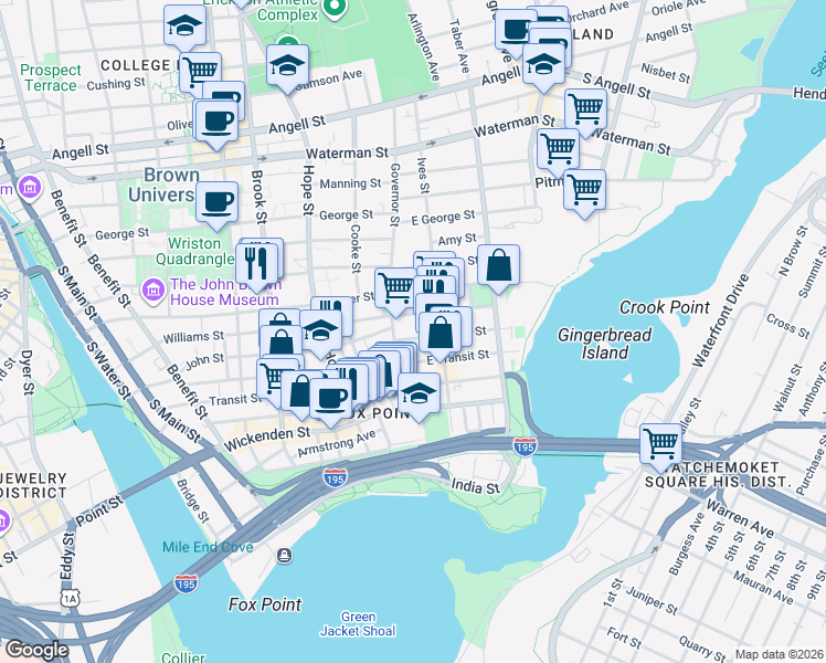 map of restaurants, bars, coffee shops, grocery stores, and more near 308 Williams Street in Providence