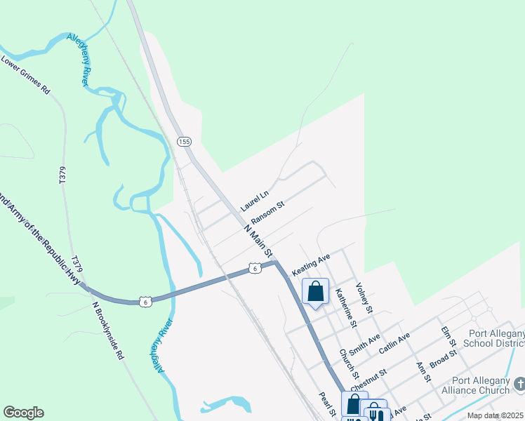 map of restaurants, bars, coffee shops, grocery stores, and more near 1-19 Laurel Lane in Port Allegany