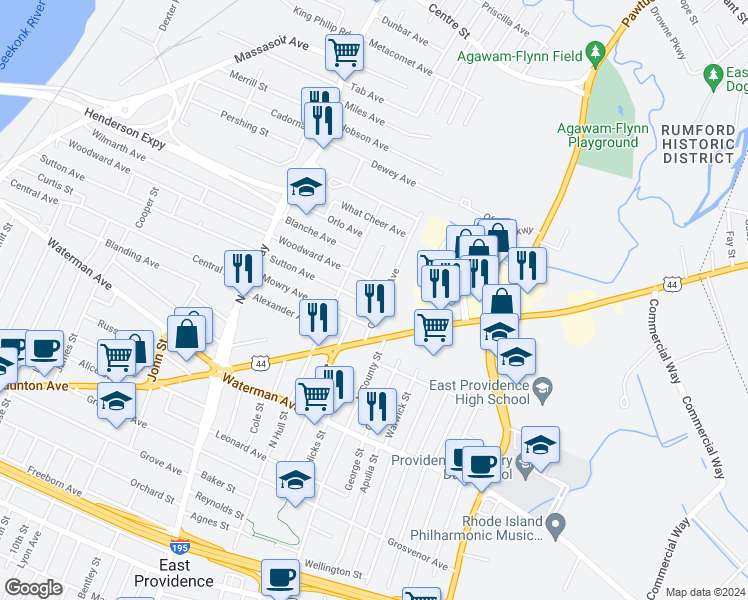 map of restaurants, bars, coffee shops, grocery stores, and more near 42 Goldsmith Avenue in East Providence