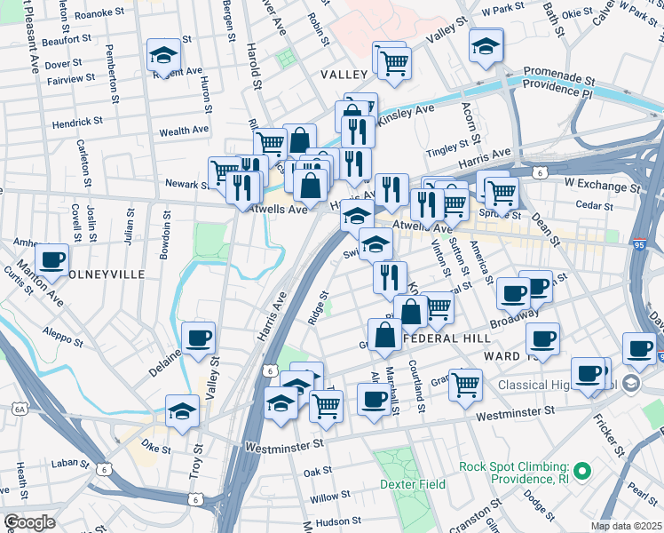 map of restaurants, bars, coffee shops, grocery stores, and more near 71 Ridge Street in Providence