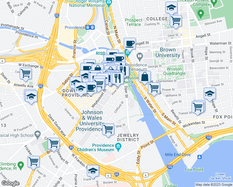 map of restaurants, bars, coffee shops, grocery stores, and more near 36 Pine Street in Providence
