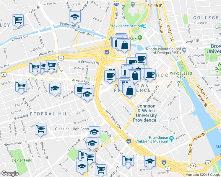 map of restaurants, bars, coffee shops, grocery stores, and more near 19 Broadway in Providence