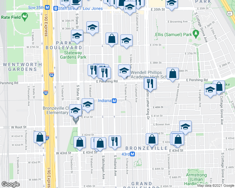 map of restaurants, bars, coffee shops, grocery stores, and more near 3917 South Indiana Avenue in Chicago