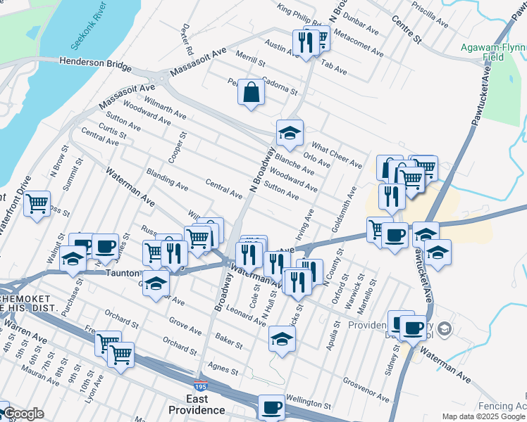 map of restaurants, bars, coffee shops, grocery stores, and more near 26 Mowry Avenue in East Providence