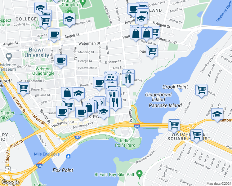 map of restaurants, bars, coffee shops, grocery stores, and more near 347 Williams Street in Providence