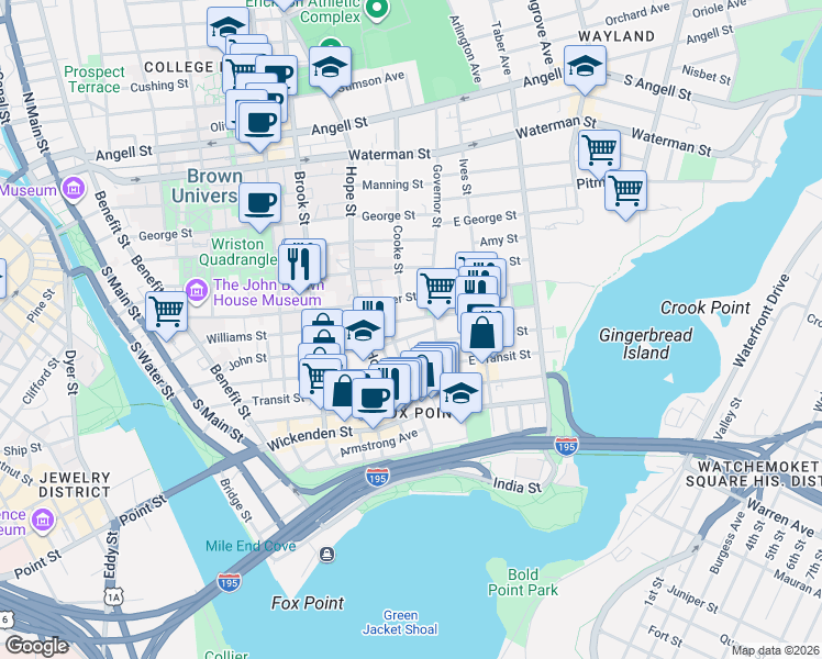 map of restaurants, bars, coffee shops, grocery stores, and more near 224 Williams Street in Providence