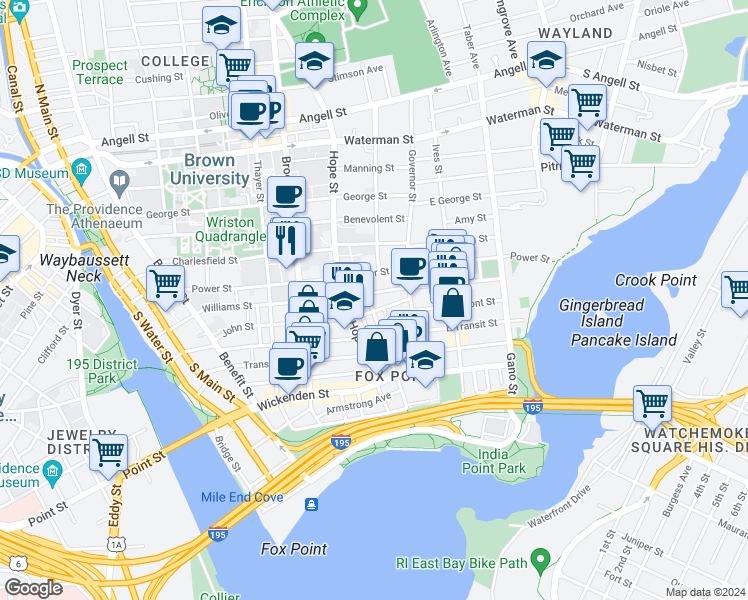 map of restaurants, bars, coffee shops, grocery stores, and more near 224 Williams Street in Providence