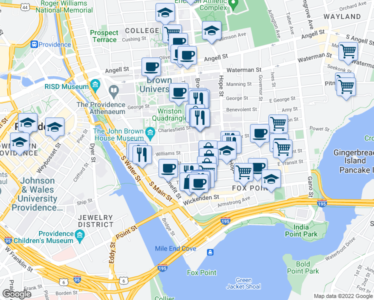 map of restaurants, bars, coffee shops, grocery stores, and more near 101 Thayer Street in Providence