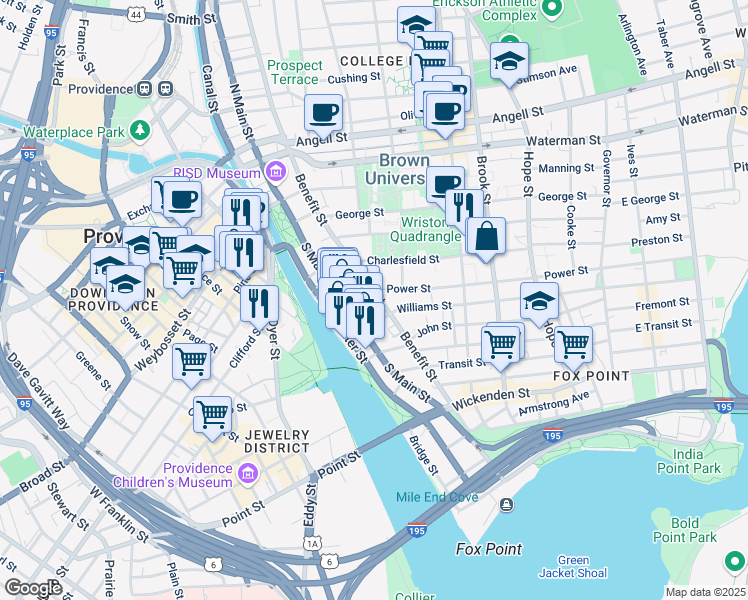 map of restaurants, bars, coffee shops, grocery stores, and more near 30 Power Street in Providence