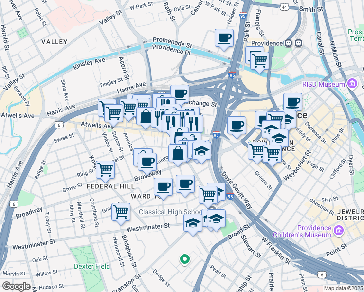 map of restaurants, bars, coffee shops, grocery stores, and more near 23 Newton Street in Providence