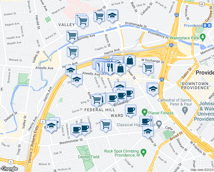 map of restaurants, bars, coffee shops, grocery stores, and more near 74 Sutton Street in Providence