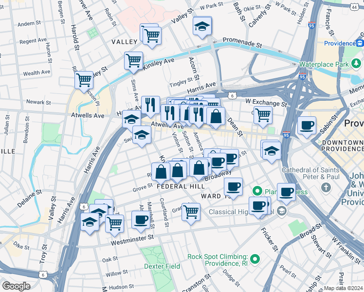 map of restaurants, bars, coffee shops, grocery stores, and more near 33 Vinton Street in Providence