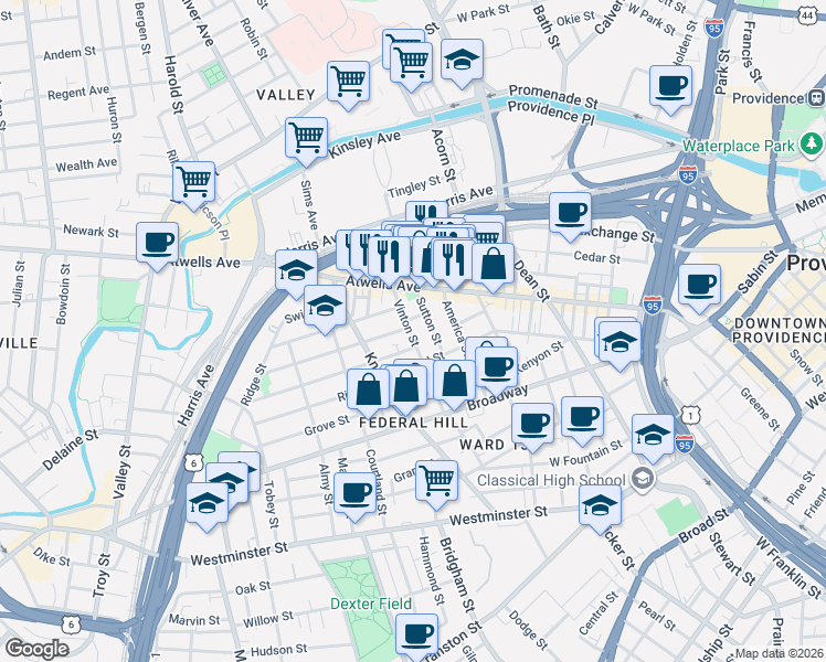 map of restaurants, bars, coffee shops, grocery stores, and more near 33 Vinton Street in Providence