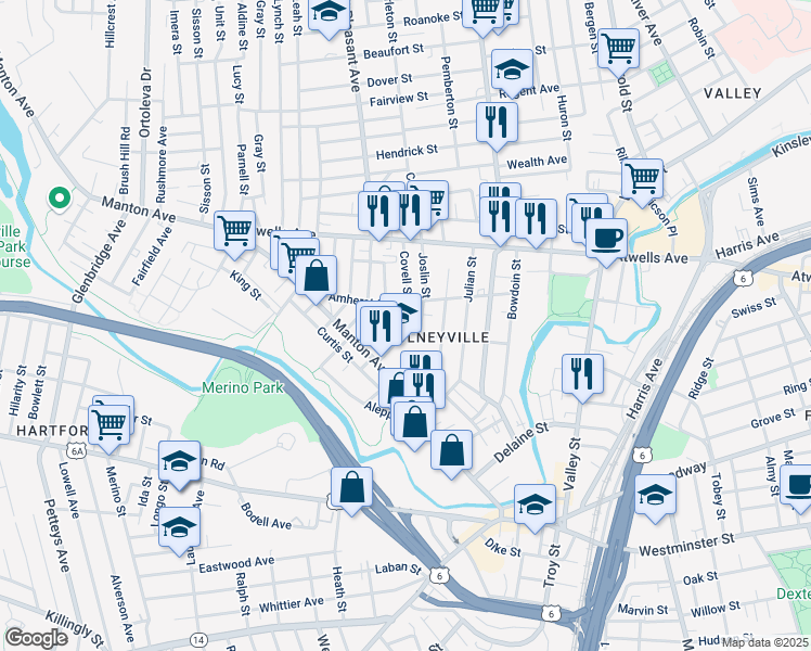 map of restaurants, bars, coffee shops, grocery stores, and more near 244 Amherst Street in Providence