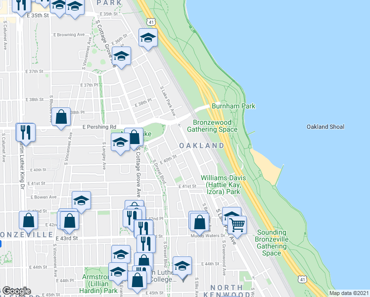 map of restaurants, bars, coffee shops, grocery stores, and more near 3970 South Lake Park Avenue in Chicago