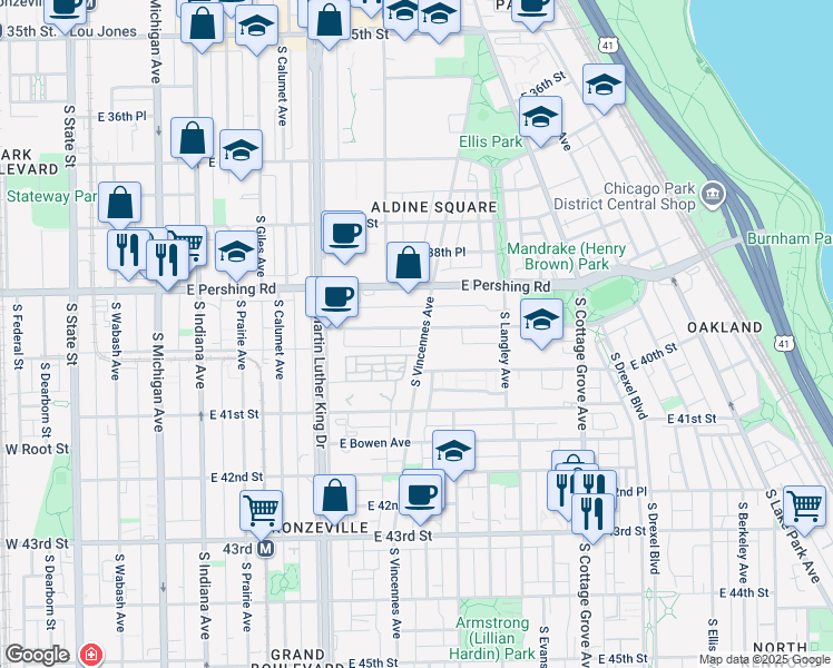 map of restaurants, bars, coffee shops, grocery stores, and more near 514 East Oakwood Boulevard in Chicago