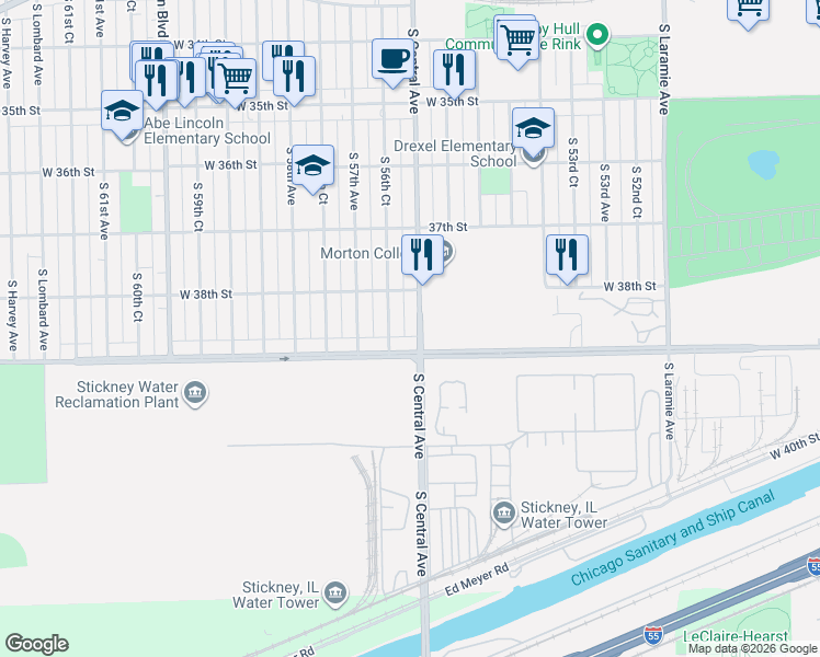 map of restaurants, bars, coffee shops, grocery stores, and more near 3814 South Central Avenue in Cicero