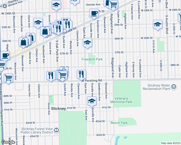 map of restaurants, bars, coffee shops, grocery stores, and more near 3805 Scoville Avenue in Berwyn