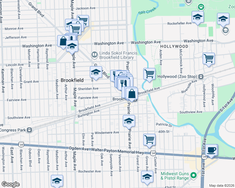 map of restaurants, bars, coffee shops, grocery stores, and more near 3723 Sunnyside Avenue in Brookfield