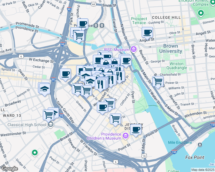 map of restaurants, bars, coffee shops, grocery stores, and more near 169 Weybosset Street in Providence
