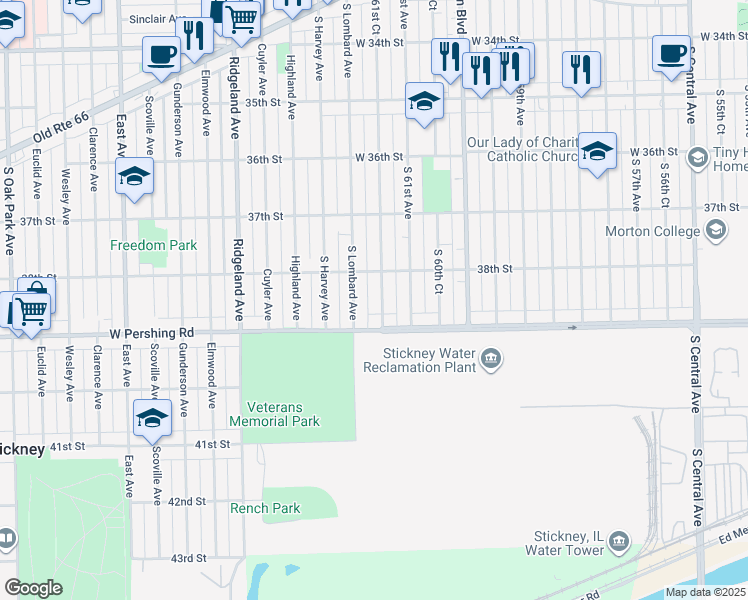 map of restaurants, bars, coffee shops, grocery stores, and more near 3806 South 61st Court in Cicero