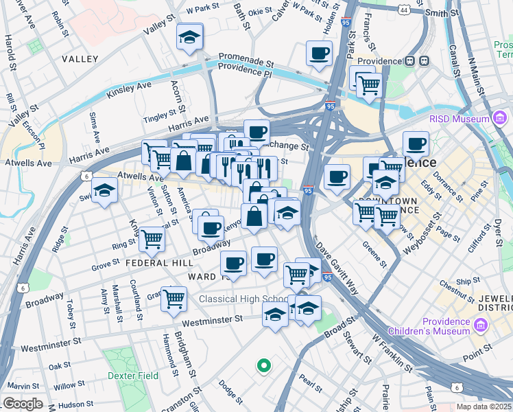 map of restaurants, bars, coffee shops, grocery stores, and more near in Providence