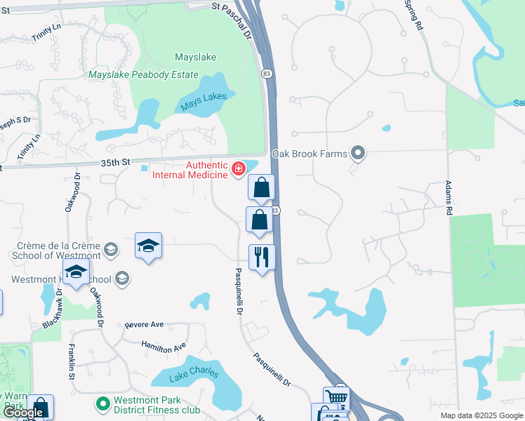 map of restaurants, bars, coffee shops, grocery stores, and more near 1010 Executive Court in Westmont