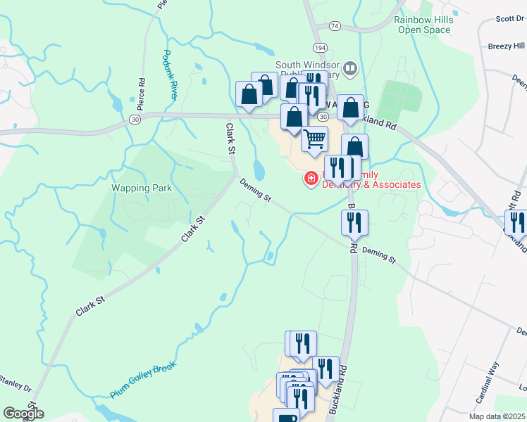 map of restaurants, bars, coffee shops, grocery stores, and more near 47 Deming Street in South Windsor