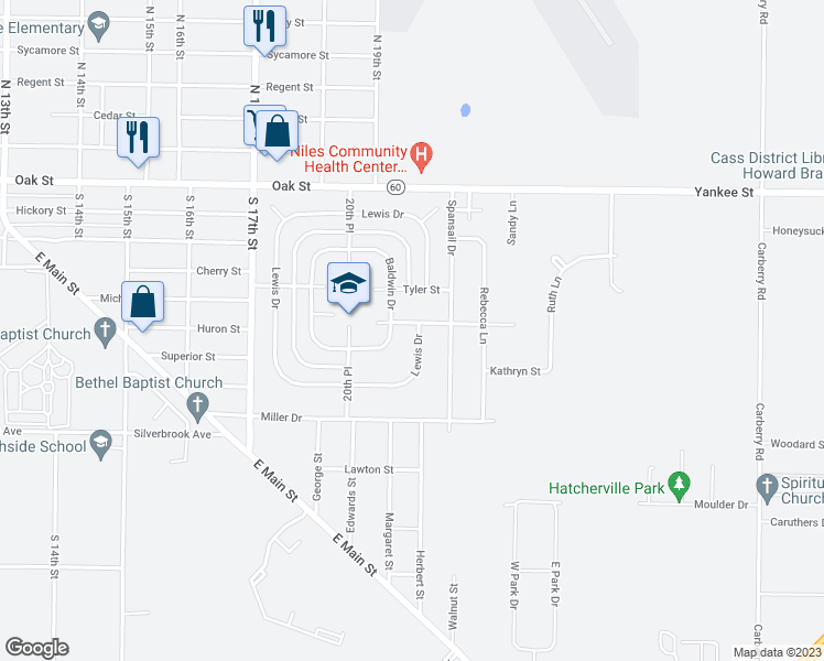 map of restaurants, bars, coffee shops, grocery stores, and more near 2106 Kathryn Street in Niles