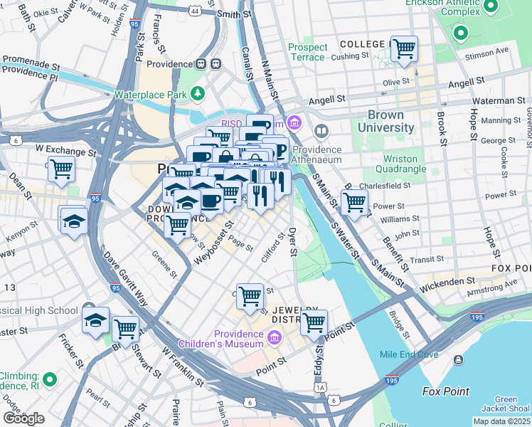 map of restaurants, bars, coffee shops, grocery stores, and more near 100 Dorrance Street in Providence