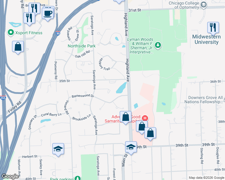 map of restaurants, bars, coffee shops, grocery stores, and more near 1101 Barberry Court in Downers Grove
