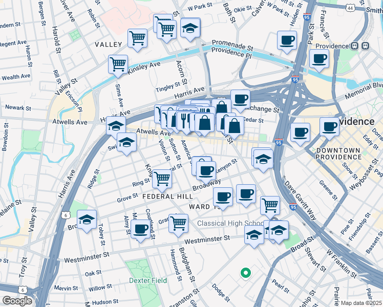 map of restaurants, bars, coffee shops, grocery stores, and more near 11 Africa Street in Providence