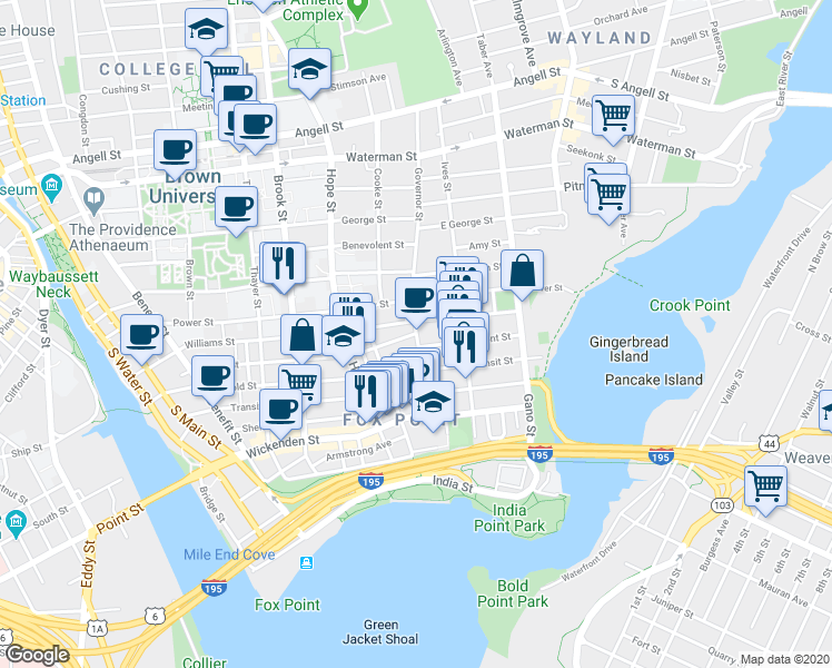 map of restaurants, bars, coffee shops, grocery stores, and more near John Street in Providence