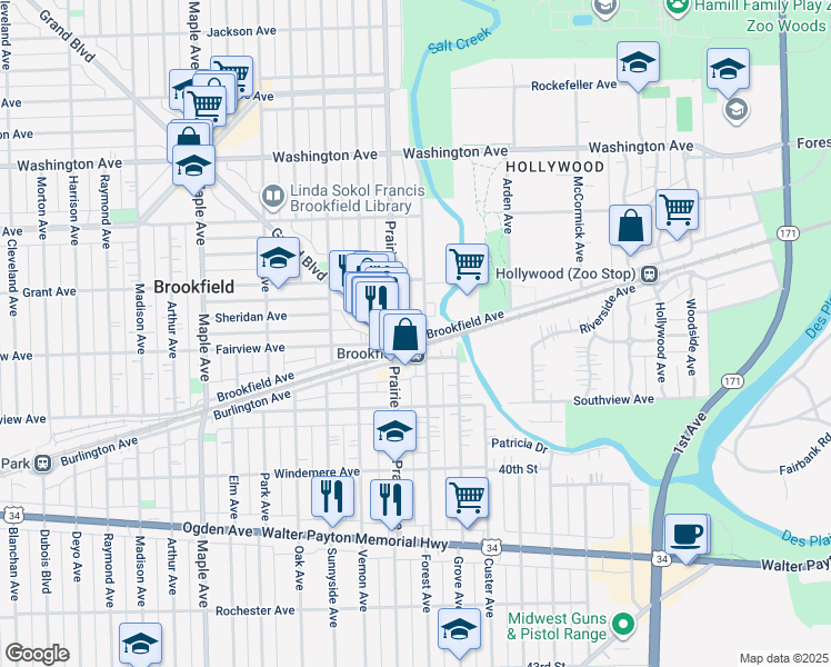 map of restaurants, bars, coffee shops, grocery stores, and more near 8822 Brookfield Avenue in Brookfield