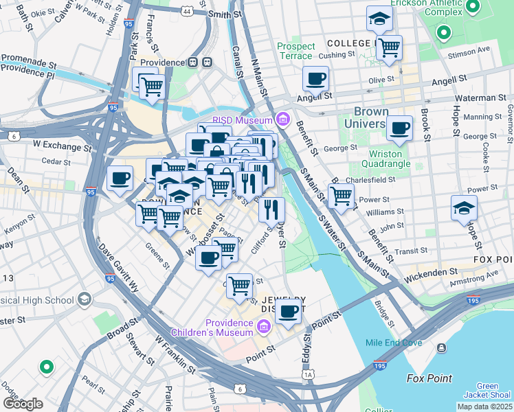 map of restaurants, bars, coffee shops, grocery stores, and more near 128 Dorrance Street in Providence