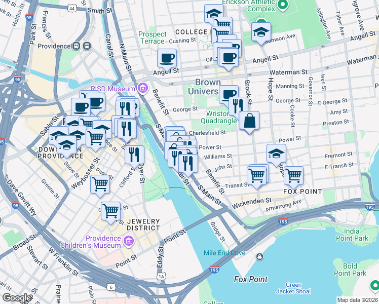 map of restaurants, bars, coffee shops, grocery stores, and more near 30 Power Street in Providence