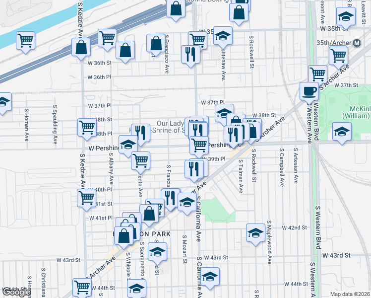 map of restaurants, bars, coffee shops, grocery stores, and more near 2825 West Pershing Road in Chicago