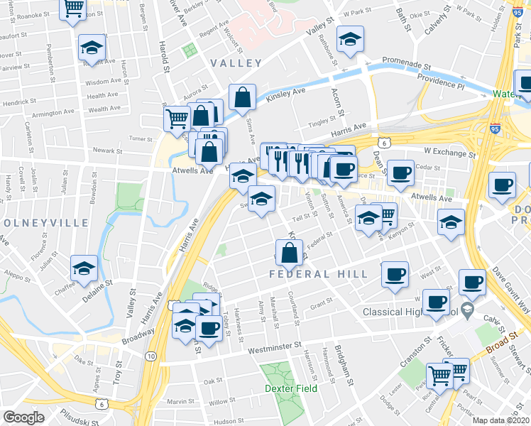 map of restaurants, bars, coffee shops, grocery stores, and more near 71 Gesler Street in Providence
