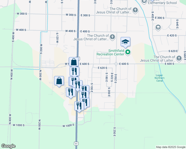 map of restaurants, bars, coffee shops, grocery stores, and more near 105 East 650 South in Smithfield