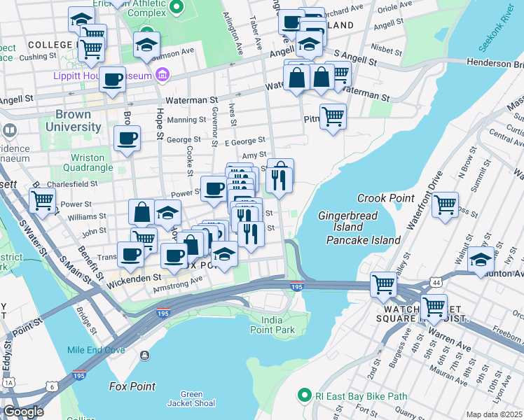 map of restaurants, bars, coffee shops, grocery stores, and more near 347 Williams Street in Providence