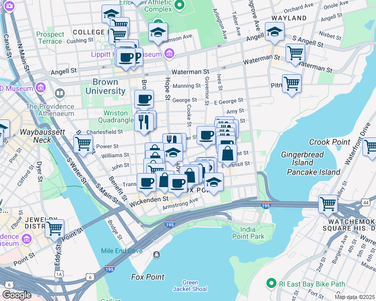 map of restaurants, bars, coffee shops, grocery stores, and more near 224 Williams Street in Providence