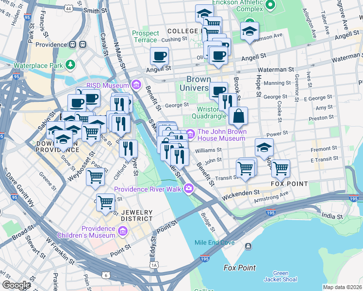 map of restaurants, bars, coffee shops, grocery stores, and more near 30 Power Street in Providence