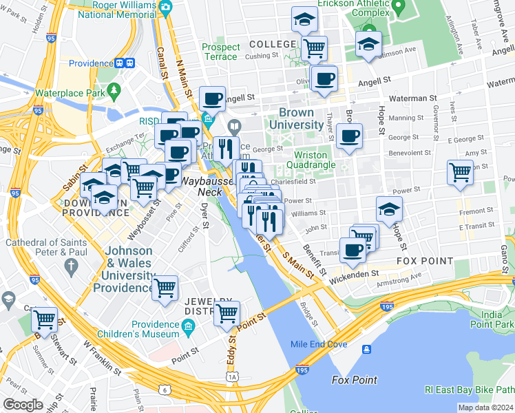 map of restaurants, bars, coffee shops, grocery stores, and more near 30 Power Street in Providence