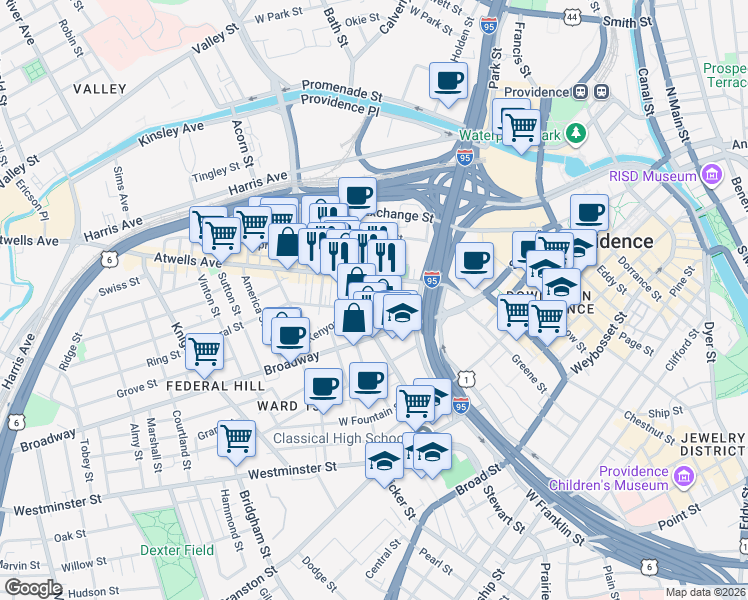 map of restaurants, bars, coffee shops, grocery stores, and more near 23 Newton Street in Providence