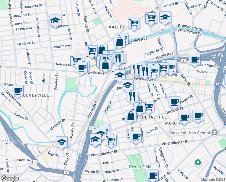 map of restaurants, bars, coffee shops, grocery stores, and more near 57 Ridge Street in Providence