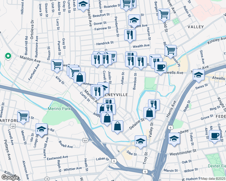 map of restaurants, bars, coffee shops, grocery stores, and more near 54 Joslin Street in Providence